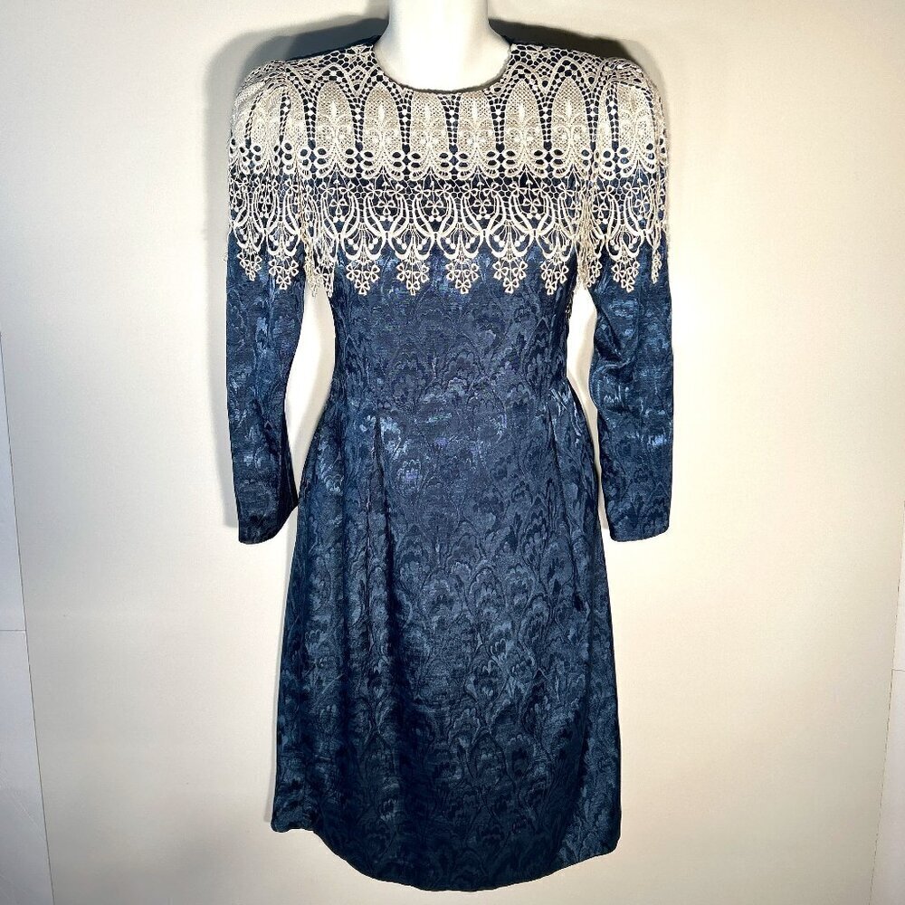 Vintage In The Mood SZ 8 Teal Satin Brocade Crochet Cape Collar Midi Dress 80's